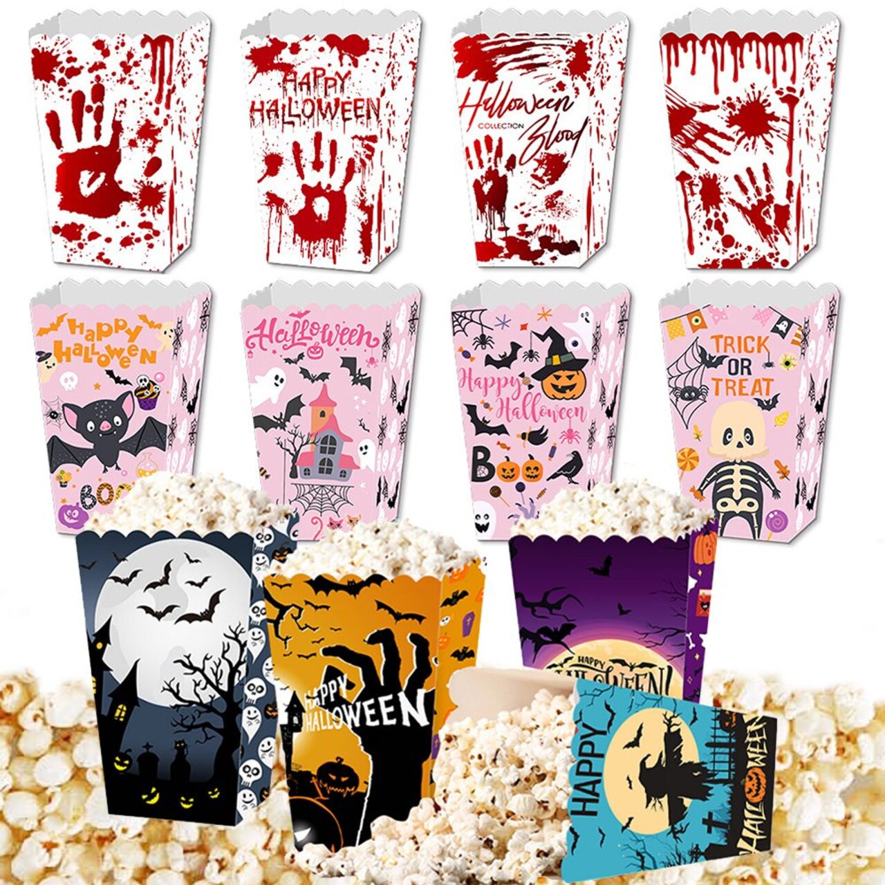 12Pcs Halloween Popcorn Box 3 Designs Spooky Halloween Trick or Treat Boxes Bloody Theme Party Favor Snack Boxes Candy Cookie Container Paper Boxes for Halloween Holiday Party Supply